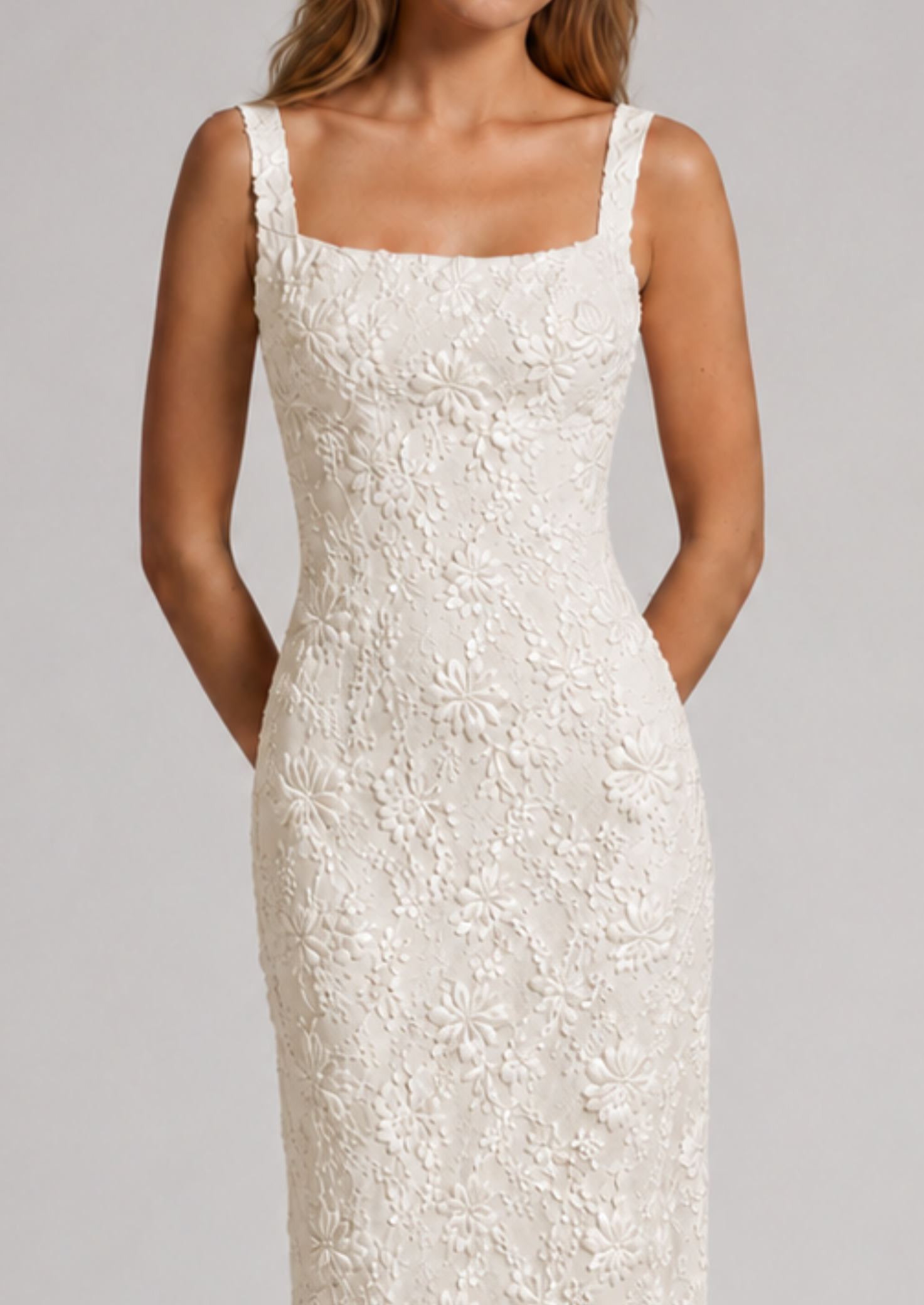 Floral Lace Midi Dress | Women's Dress with Square Neckline & A-Line Fit for Effortless Elegance 2