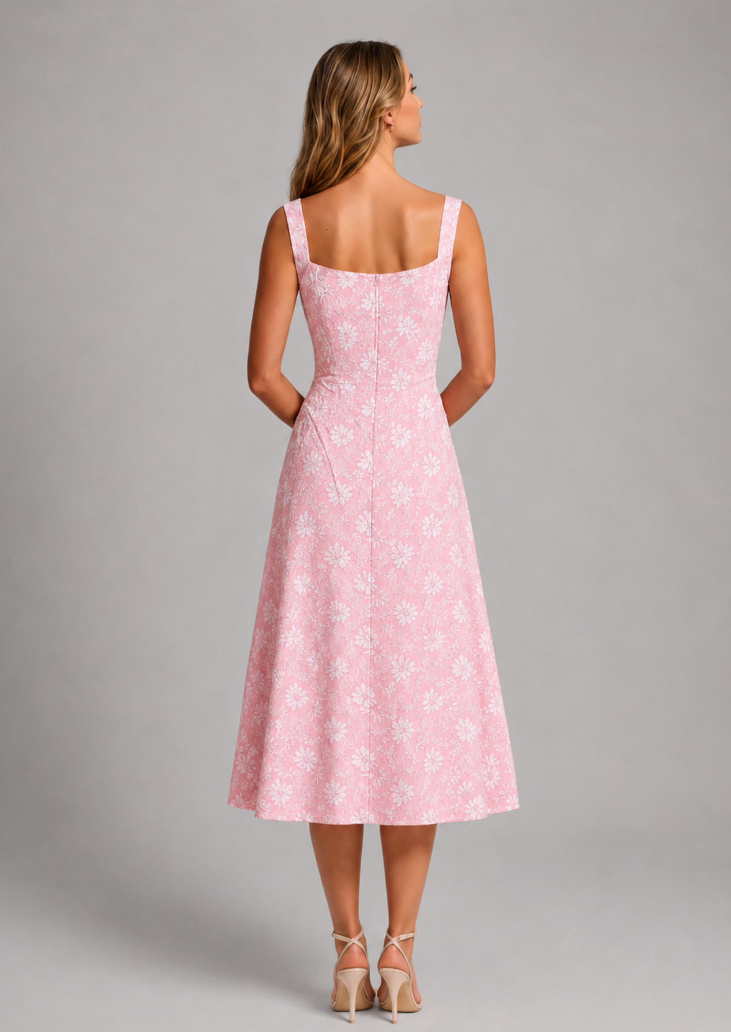 Floral Lace Midi Dress | Women's Dress with Square Neckline & A-Line Fit for Effortless Elegance 5
