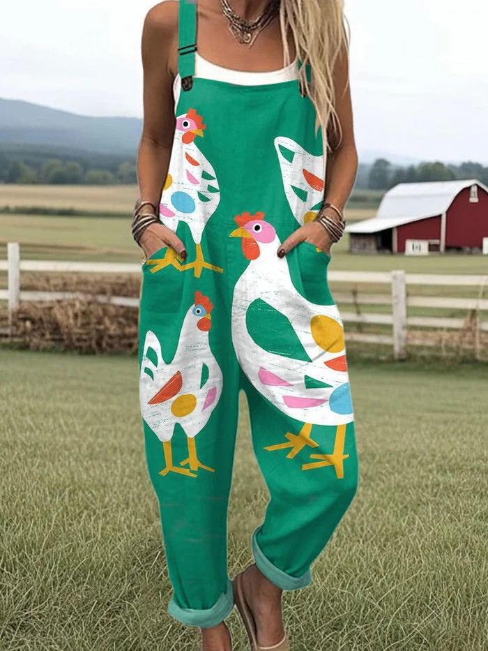 Women's Cotton Chicken Print Jumpsuit | Playful Casual Overall with Pockets 0
