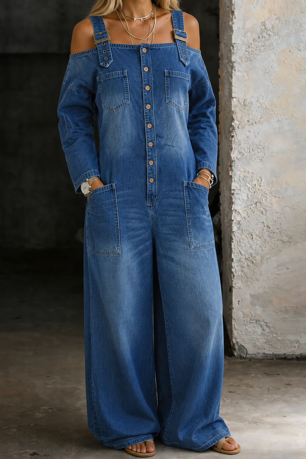 Women's Denim Off Shoulder Jumpsuit | Flattering Casual Summer Outfit 0