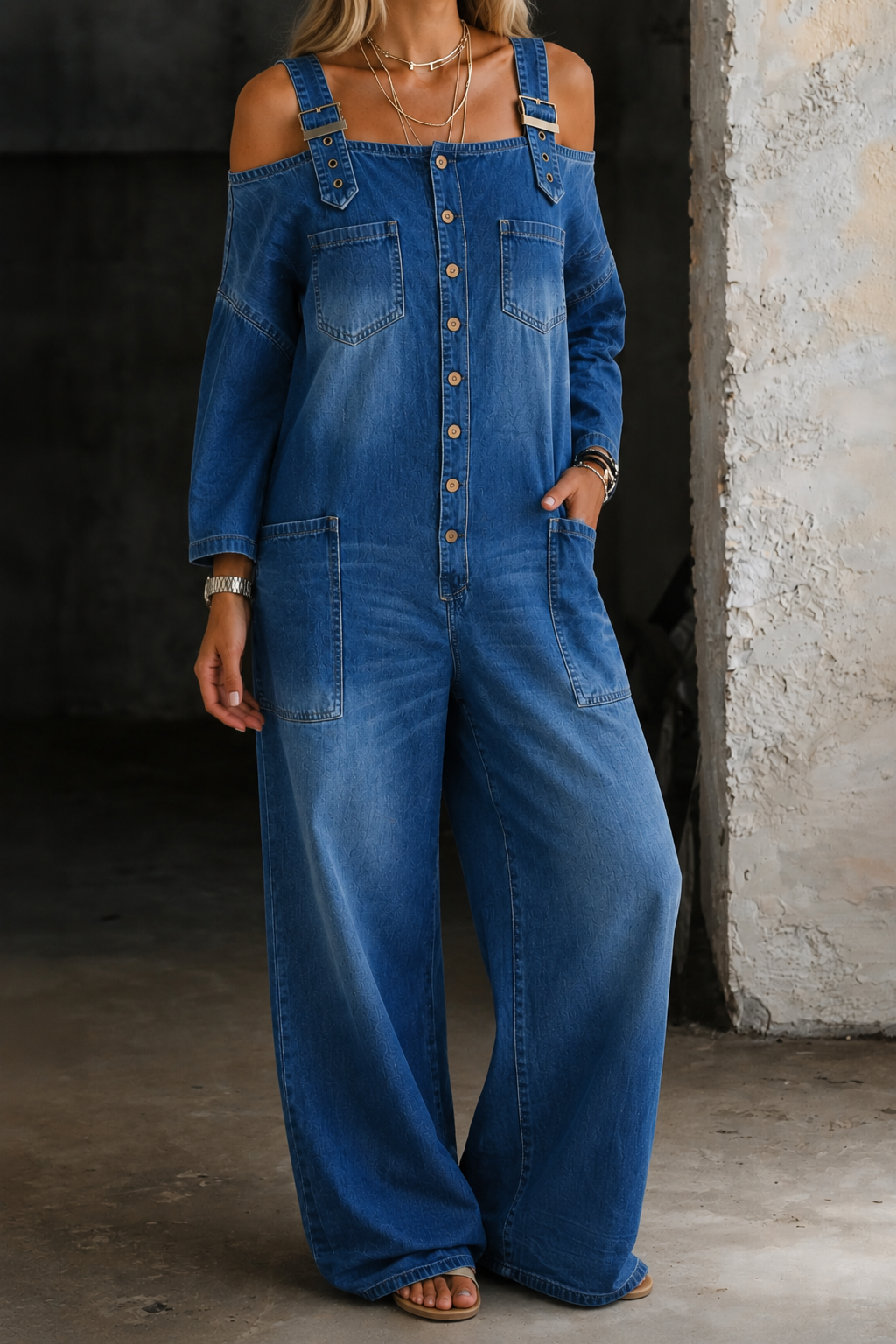 Women's Denim Off Shoulder Jumpsuit | Flattering Casual Summer Outfit 1