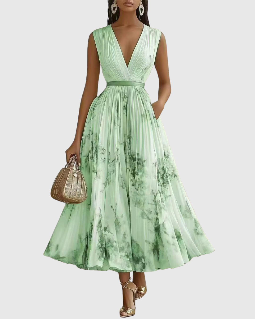 Women's Floral Pleated Maxi Dress | Elegant V-Neck Long Sleeve Summer Gown 0