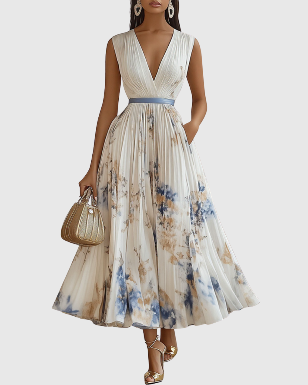 Women's Floral Pleated Maxi Dress | Elegant V-Neck Long Sleeve Summer Gown 1