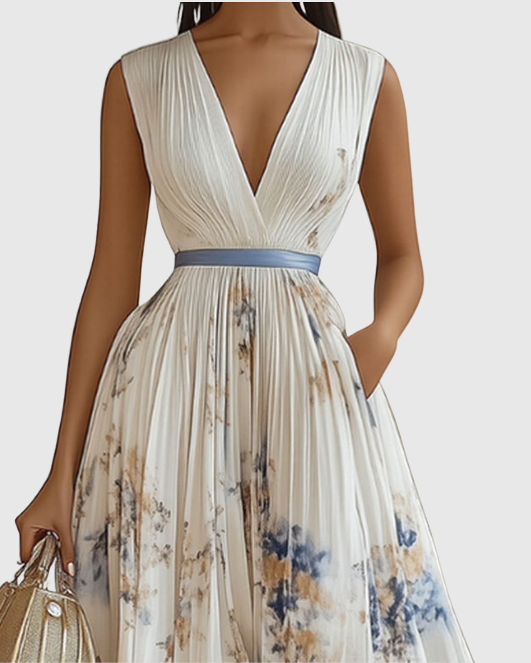 Women's Floral Pleated Maxi Dress | Elegant V-Neck Long Sleeve Summer Gown 2