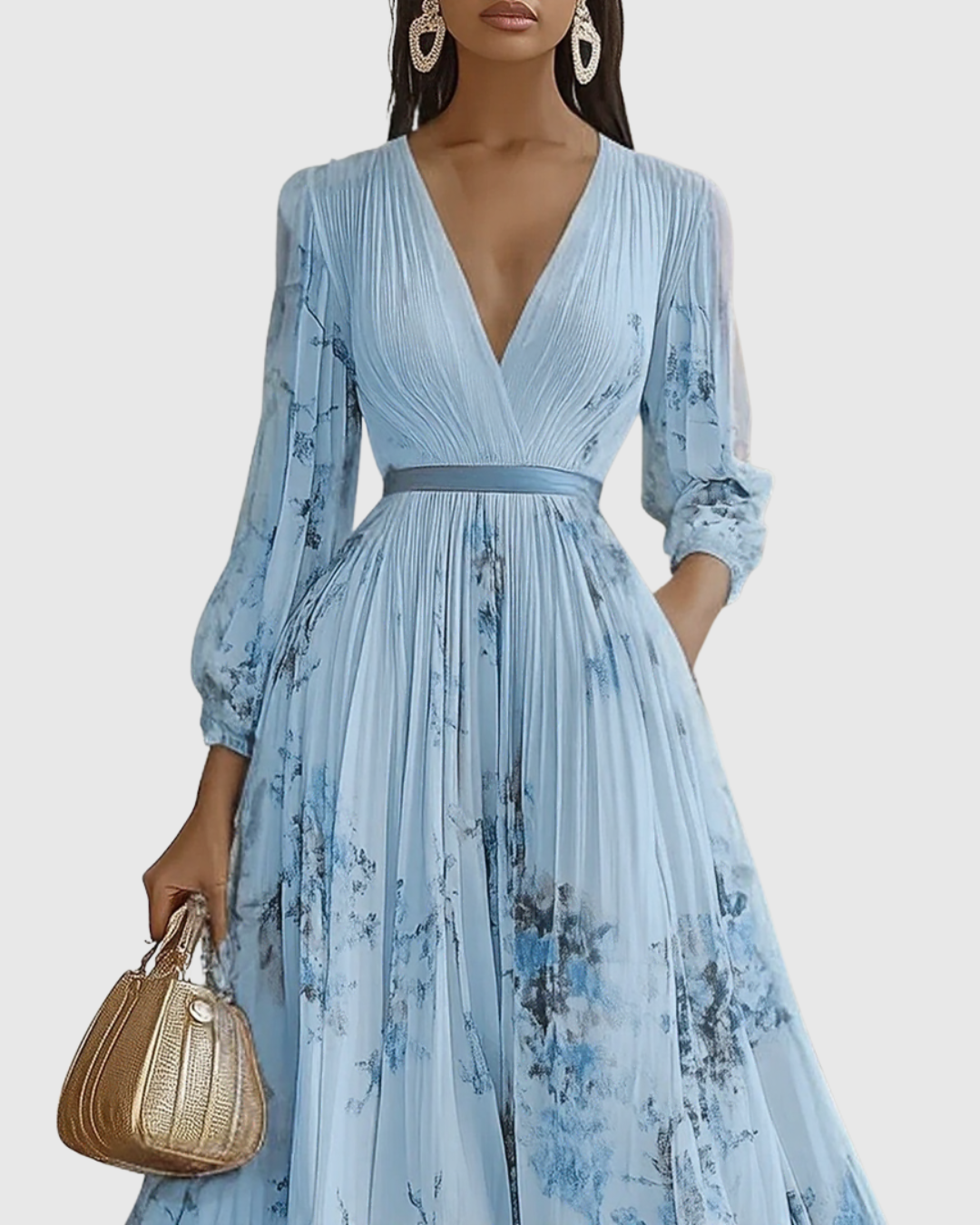 Women's Floral Pleated Maxi Dress | Elegant V-Neck Long Sleeve Summer Gown 5
