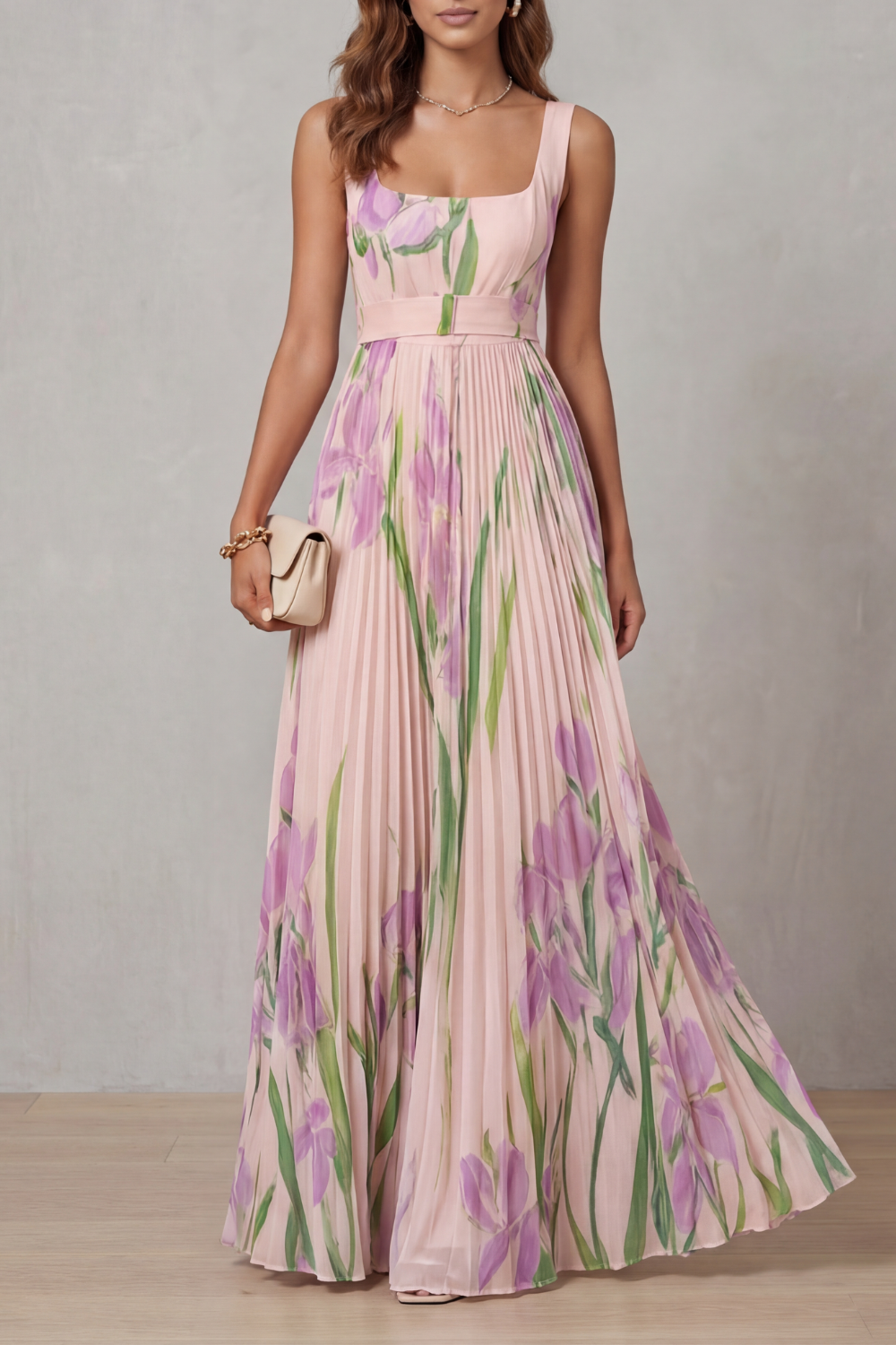 Women's Floral Polyester Maxi Dress | Elegant Pleated Summer Dress 0