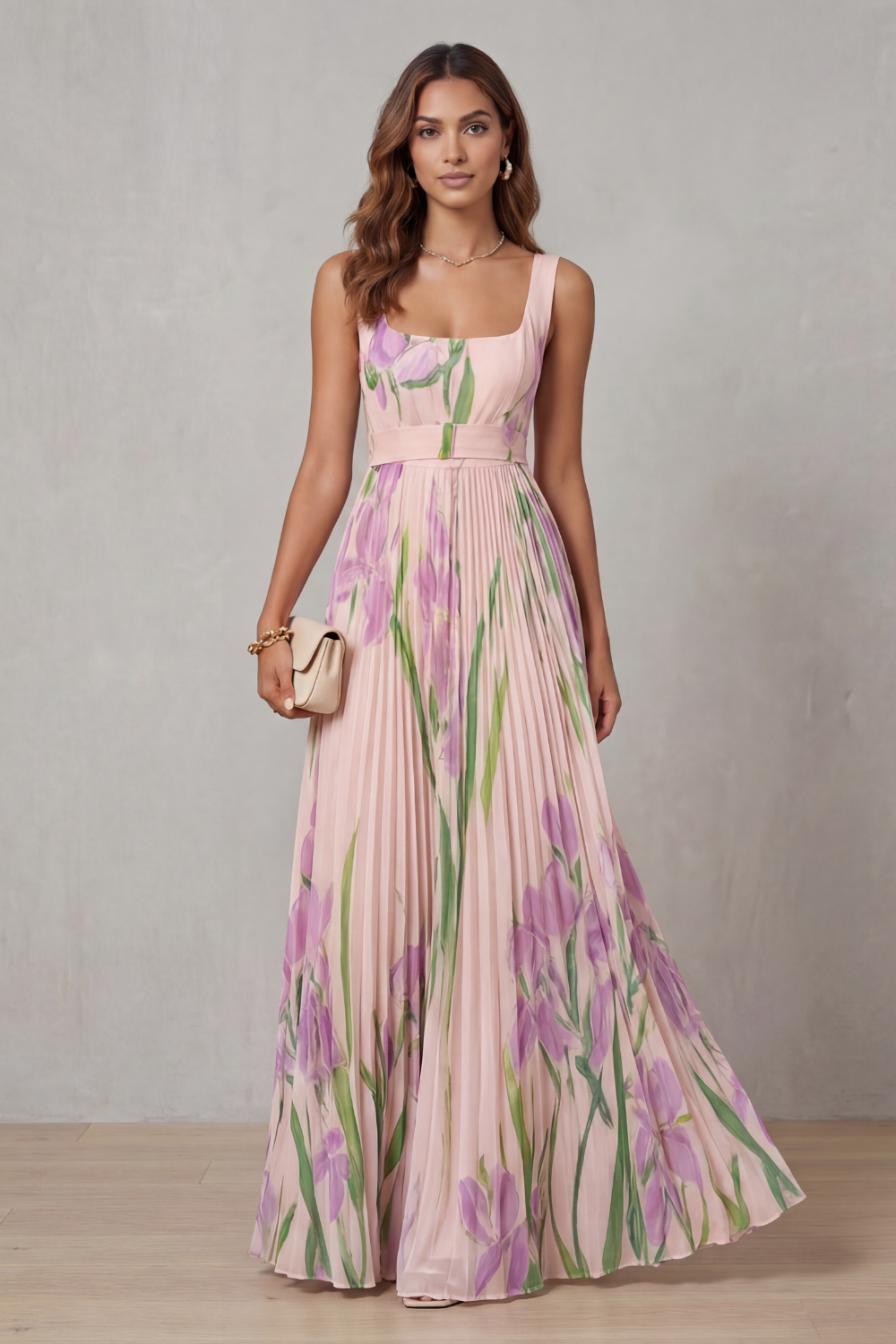 Women's Floral Polyester Maxi Dress | Elegant Pleated Summer Dress 1