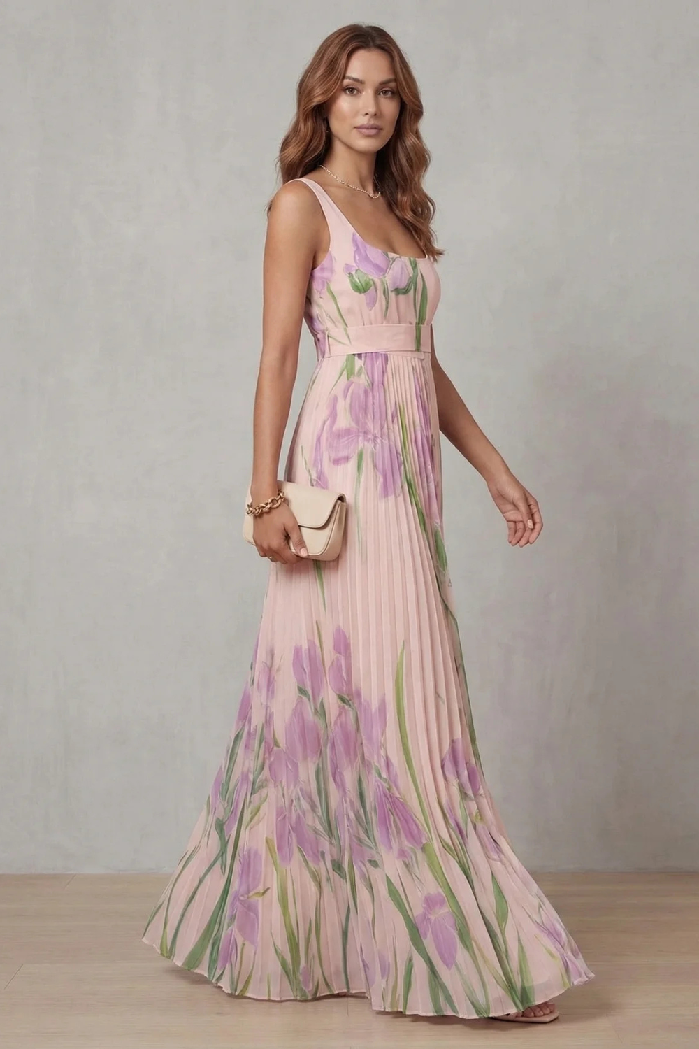Women's Floral Polyester Maxi Dress | Elegant Pleated Summer Dress 2