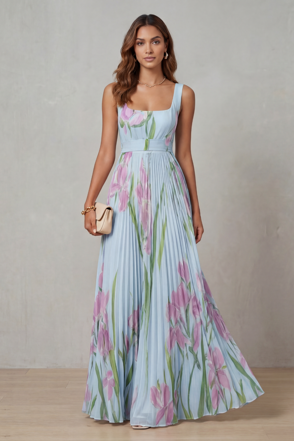 Women's Floral Polyester Maxi Dress | Elegant Pleated Summer Dress 5