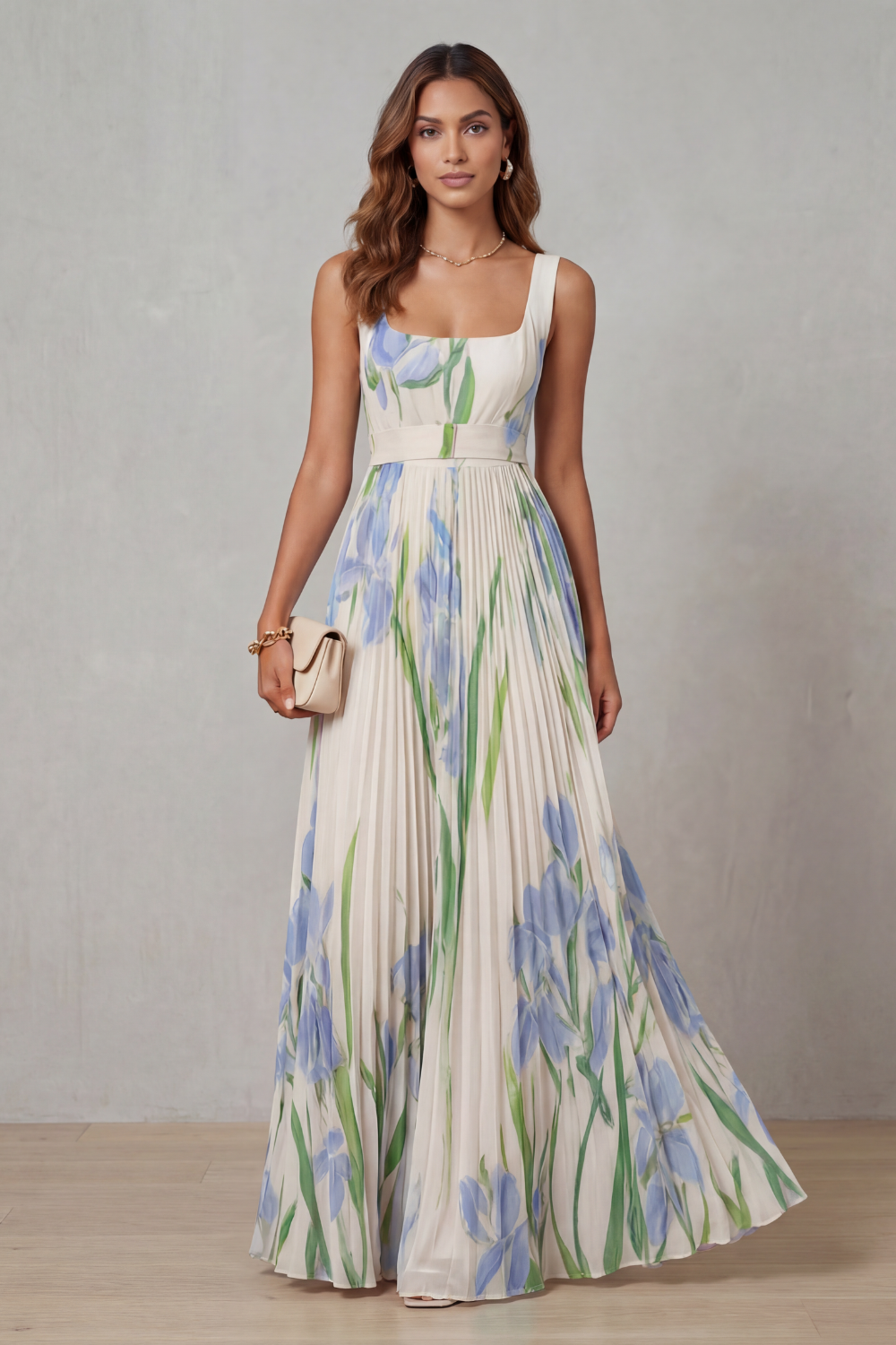 Women's Floral Polyester Maxi Dress | Elegant Pleated Summer Dress 7