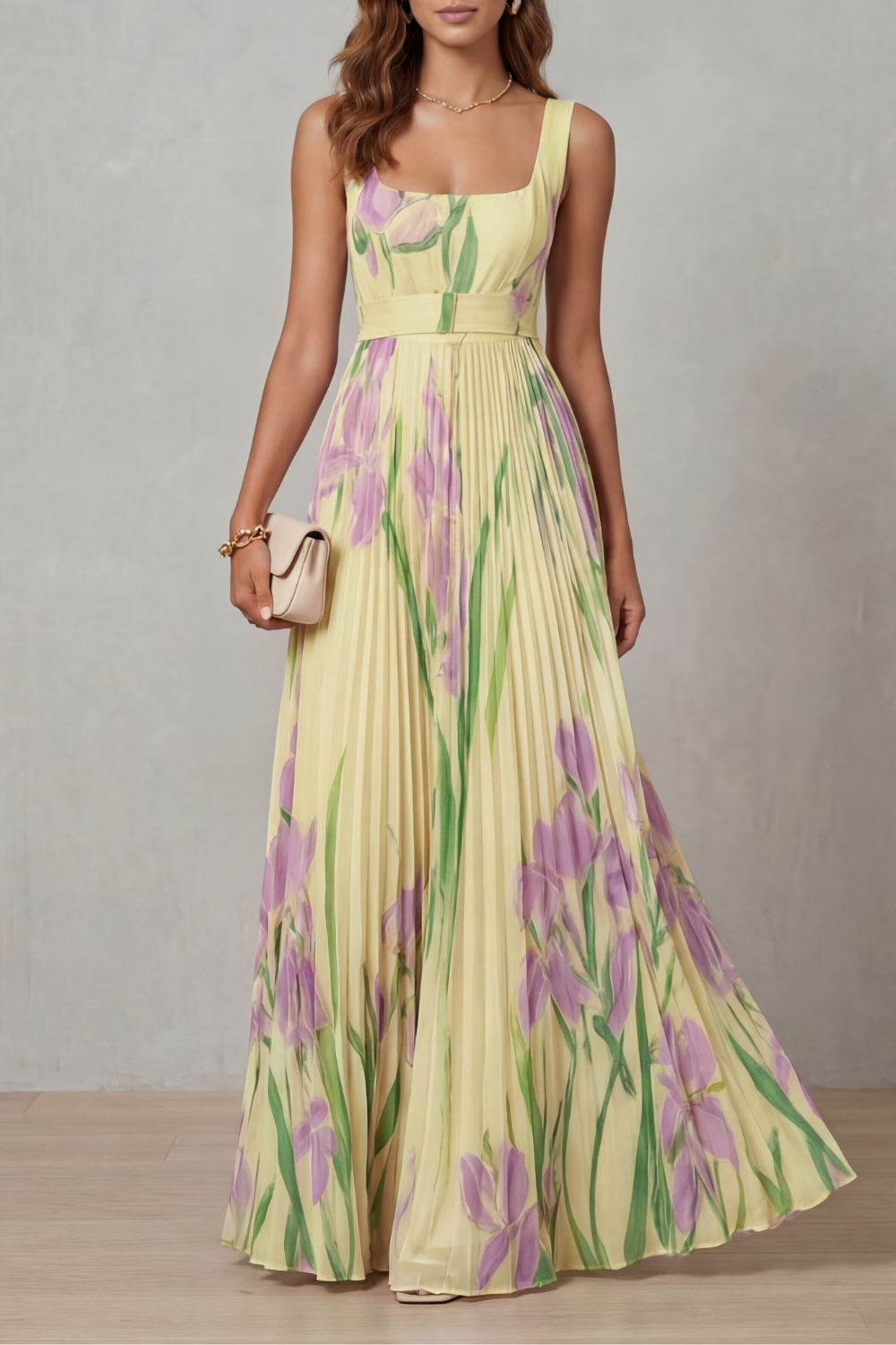 Women's Floral Polyester Maxi Dress | Elegant Pleated Summer Dress 8