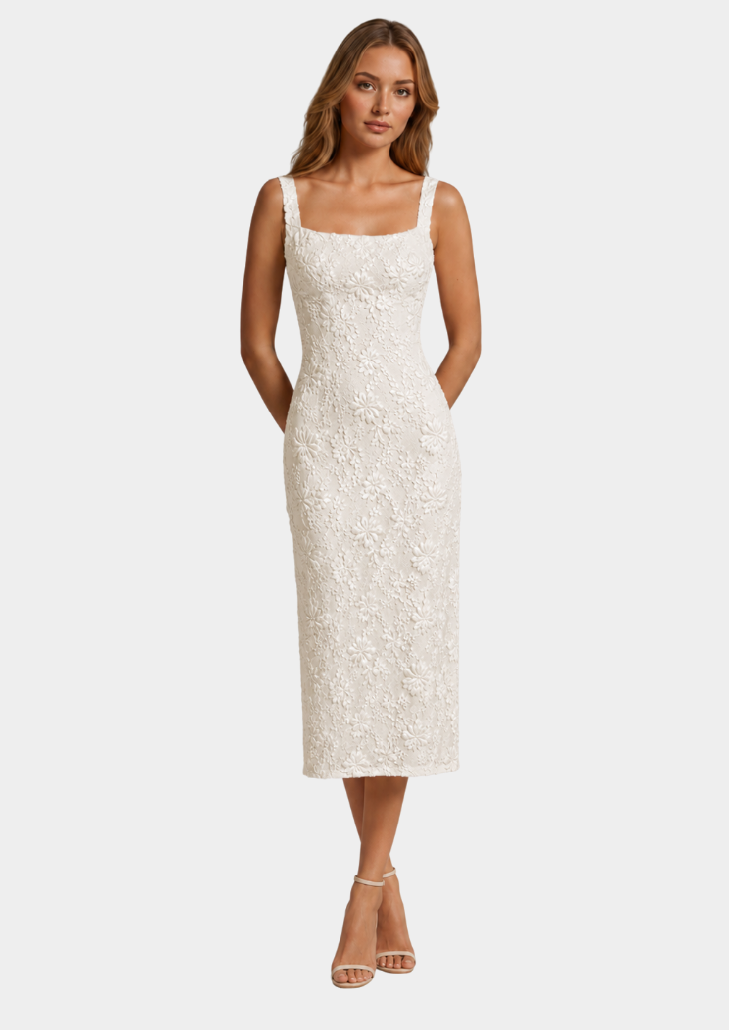 Floral Lace Midi Dress | Women's Dress with Square Neckline & A-Line Fit for Effortless Elegance 0