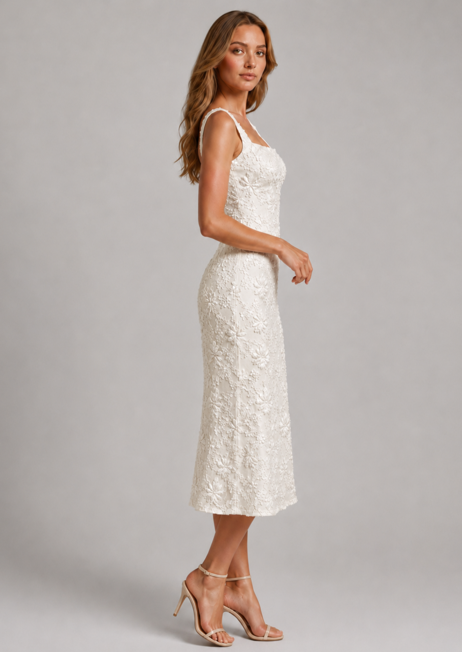 Floral Lace Midi Dress | Women's Dress with Square Neckline & A-Line Fit for Effortless Elegance 1
