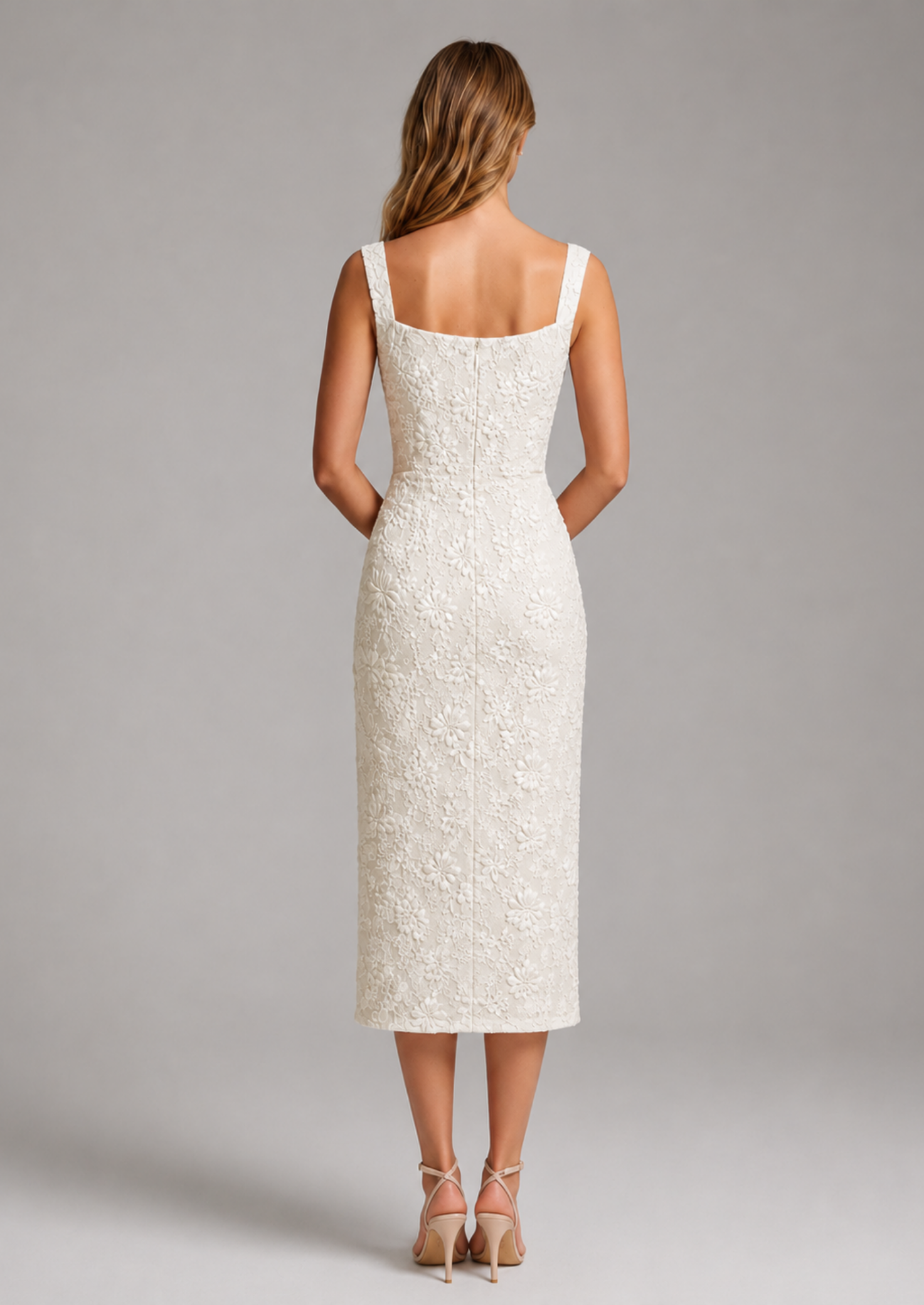 Floral Lace Midi Dress | Women's Dress with Square Neckline & A-Line Fit for Effortless Elegance 3