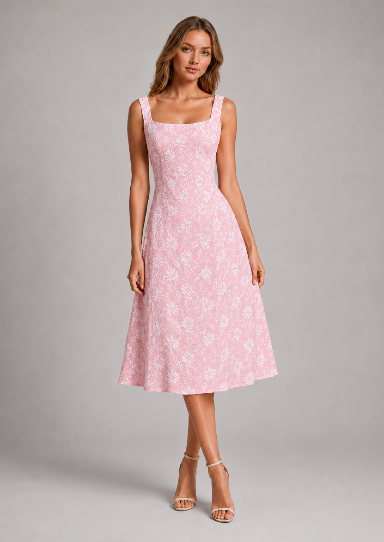 Floral Lace Midi Dress | Women's Dress with Square Neckline & A-Line Fit for Effortless Elegance 4
