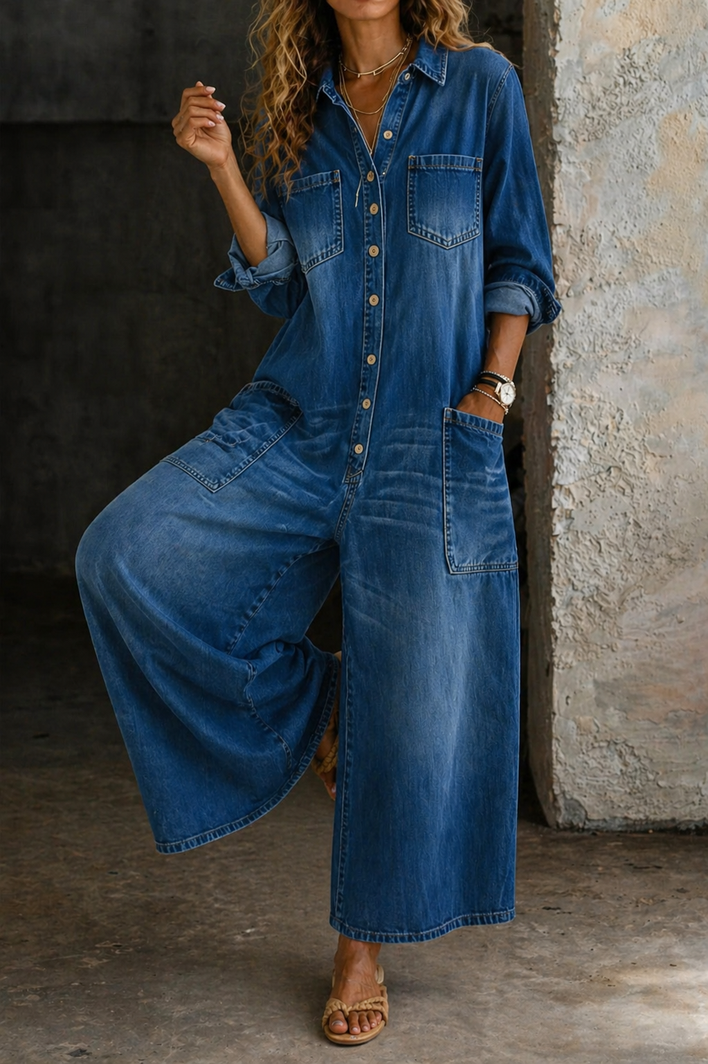 Women's Cotton Button-Front Jumpsuit | Relaxed Fit Casual Outfit 0