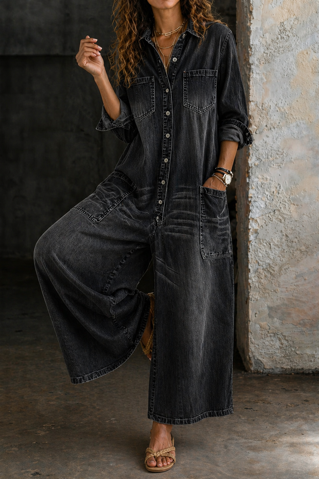Women's Cotton Button-Front Jumpsuit | Relaxed Fit Casual Outfit 1