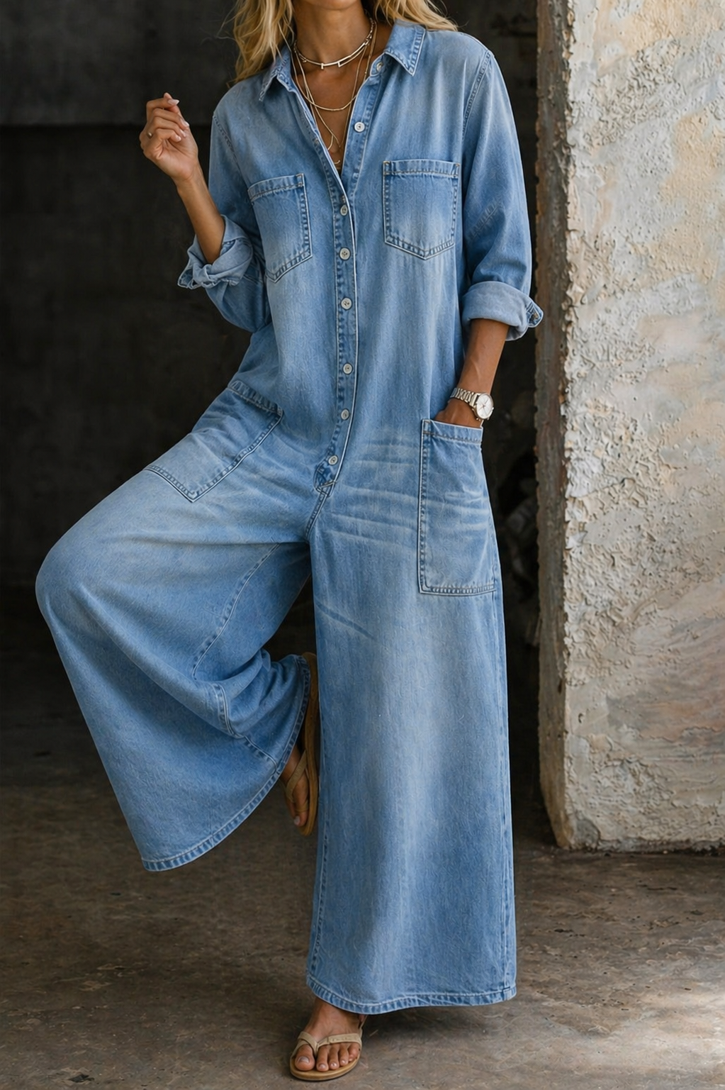 Women's Cotton Button-Front Jumpsuit | Relaxed Fit Casual Outfit 2
