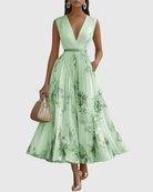 Women's Floral Pleated Maxi Dress | Elegant V-Neck Long Sleeve Summer Gown 0