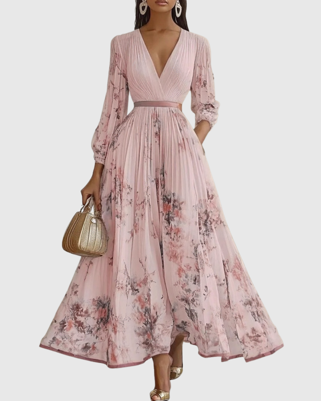 Women's Floral Pleated Maxi Dress | Elegant V-Neck Long Sleeve Summer Gown 10