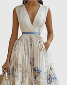 Women's Floral Pleated Maxi Dress | Elegant V-Neck Long Sleeve Summer Gown 2