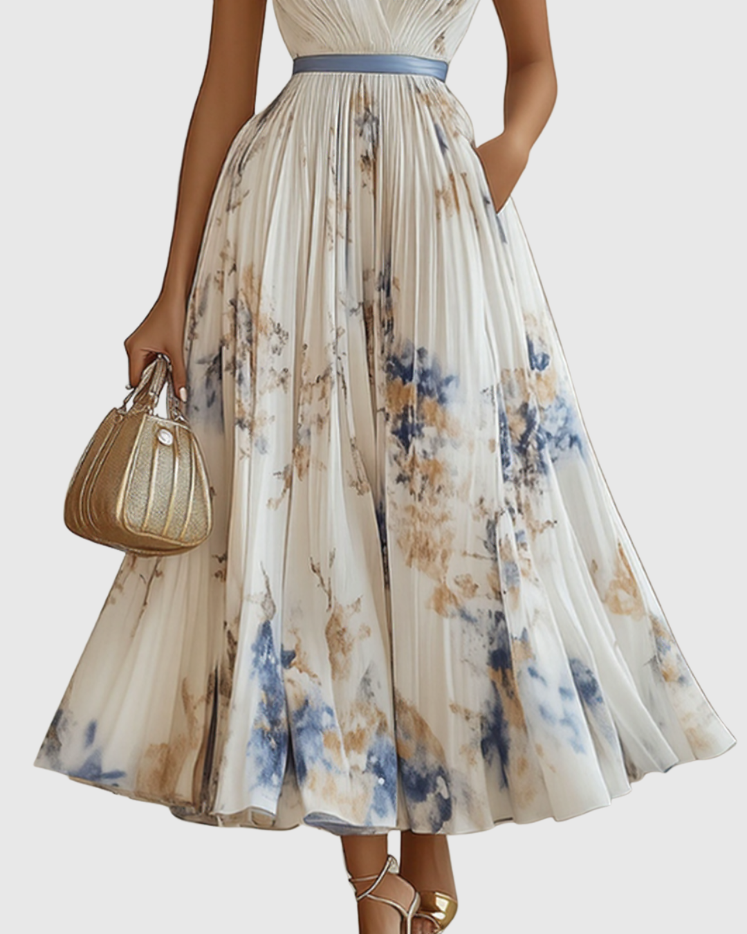 Women's Floral Pleated Maxi Dress | Elegant V-Neck Long Sleeve Summer Gown 3