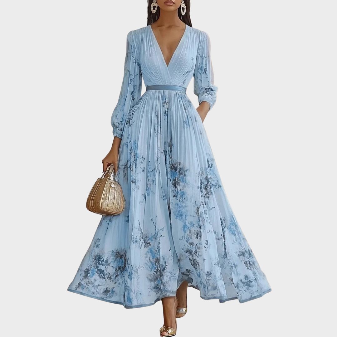Women's Floral Pleated Maxi Dress | Elegant V-Neck Long Sleeve Summer Gown 4