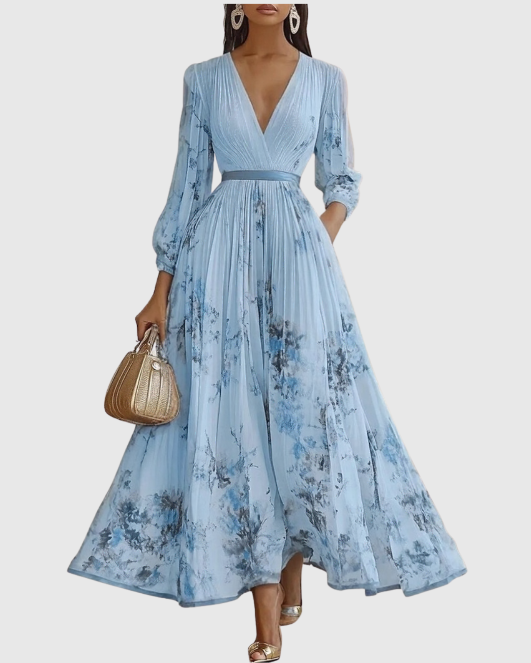 Women's Floral Pleated Maxi Dress | Elegant V-Neck Long Sleeve Summer Gown 6