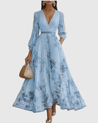 Women's Floral Pleated Maxi Dress | Elegant V-Neck Long Sleeve Summer Gown 6