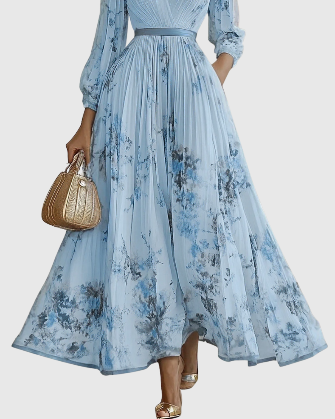 Women's Floral Pleated Maxi Dress | Elegant V-Neck Long Sleeve Summer Gown 7
