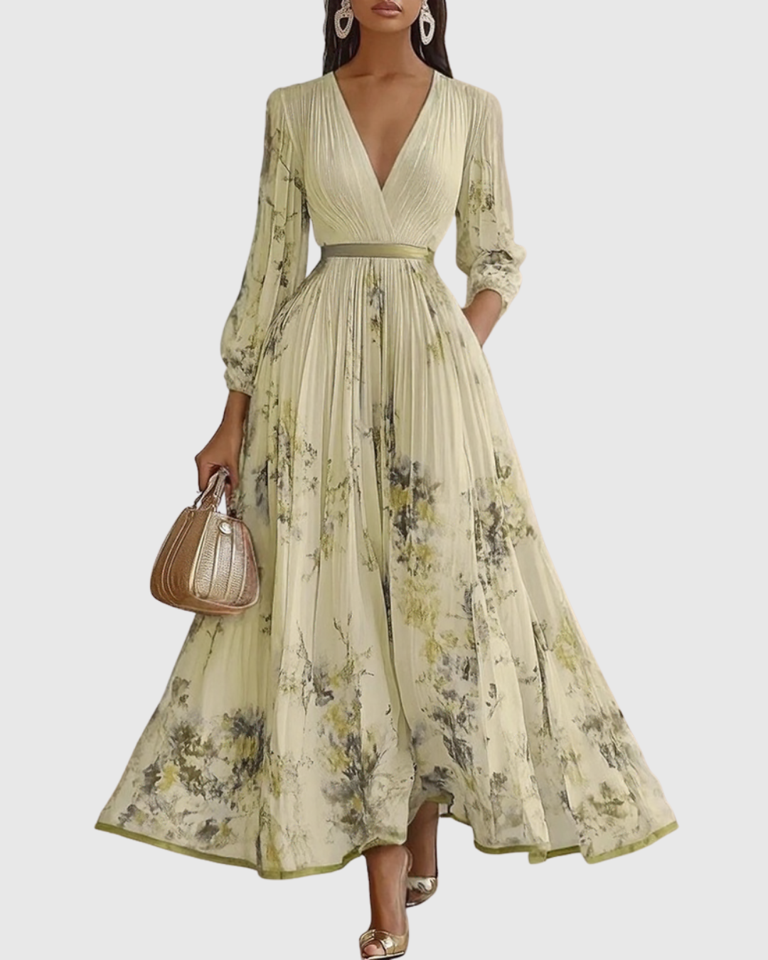 Women's Floral Pleated Maxi Dress | Elegant V-Neck Long Sleeve Summer Gown 8