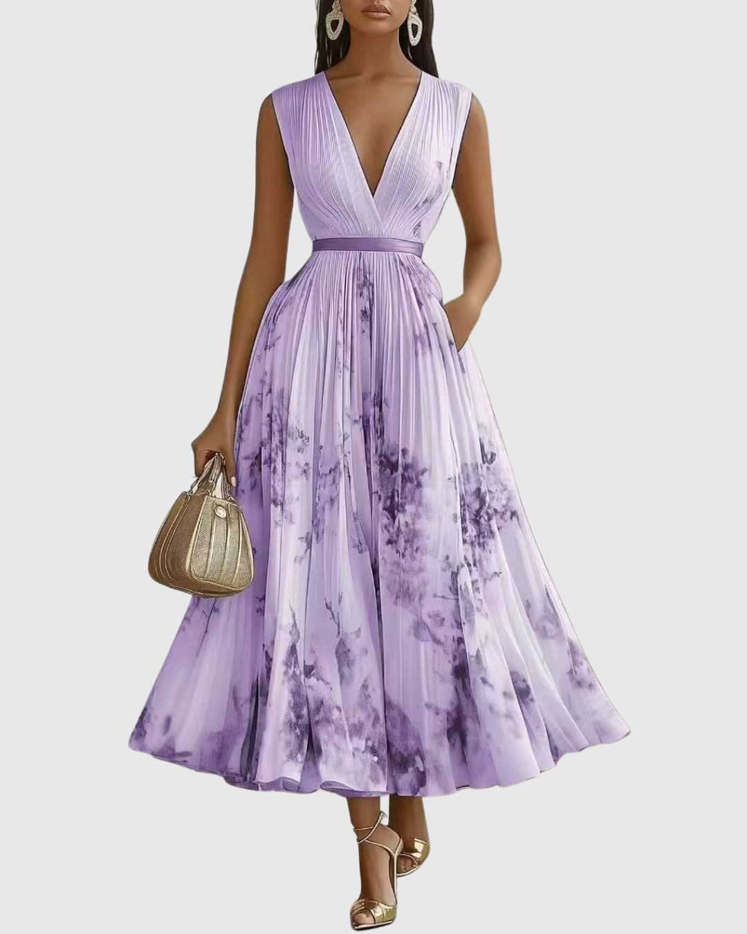 Women's Floral Pleated Maxi Dress | Elegant V-Neck Long Sleeve Summer Gown 9