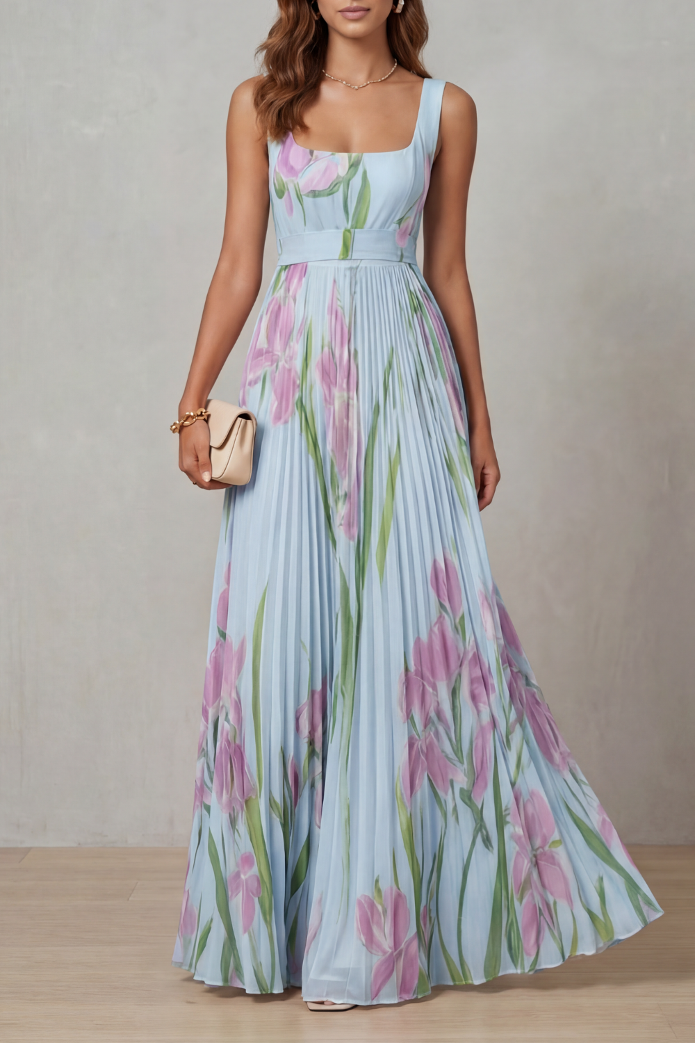 Women's Floral Polyester Maxi Dress | Elegant Pleated Summer Dress 4
