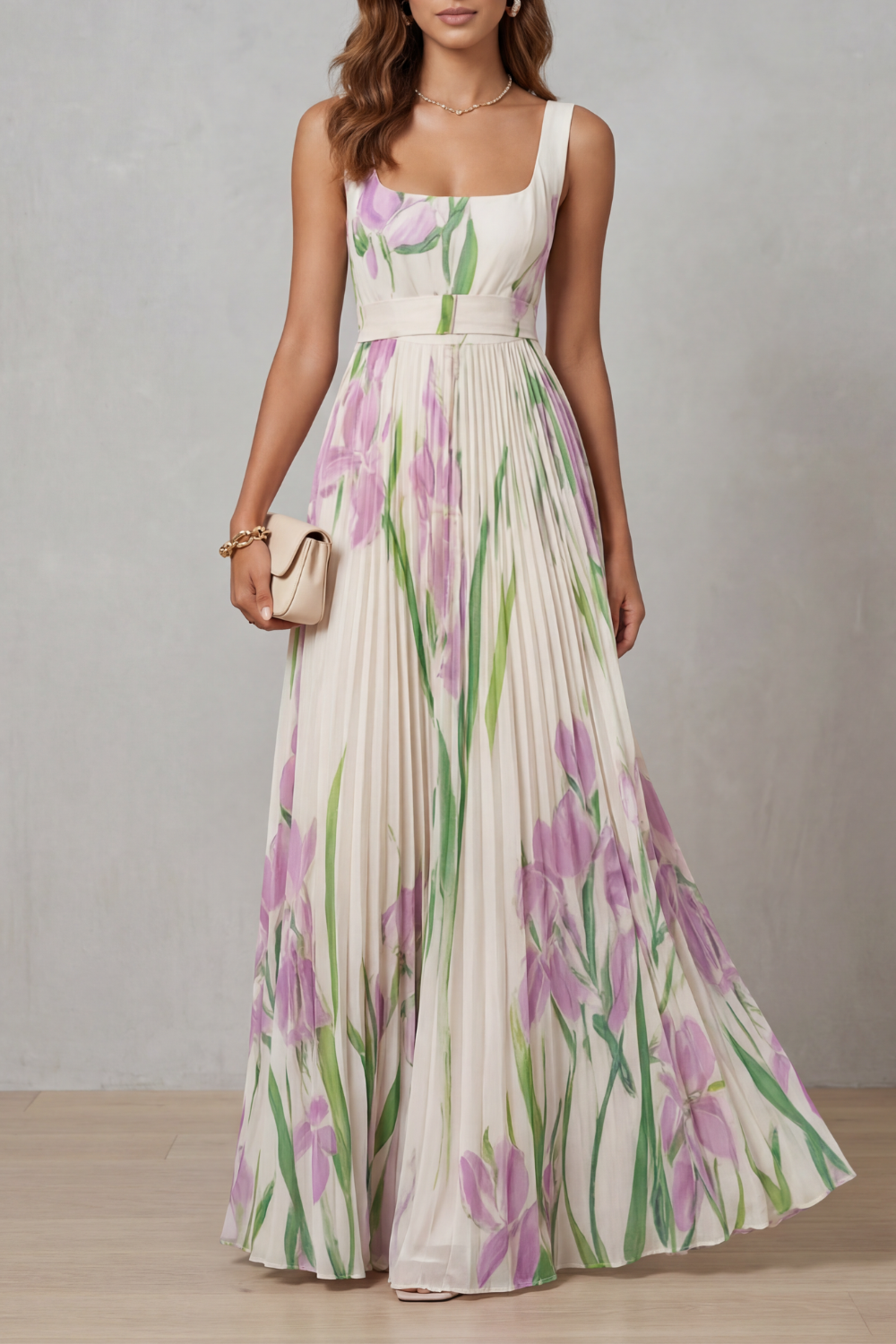 Women's Floral Polyester Maxi Dress | Elegant Pleated Summer Dress 9