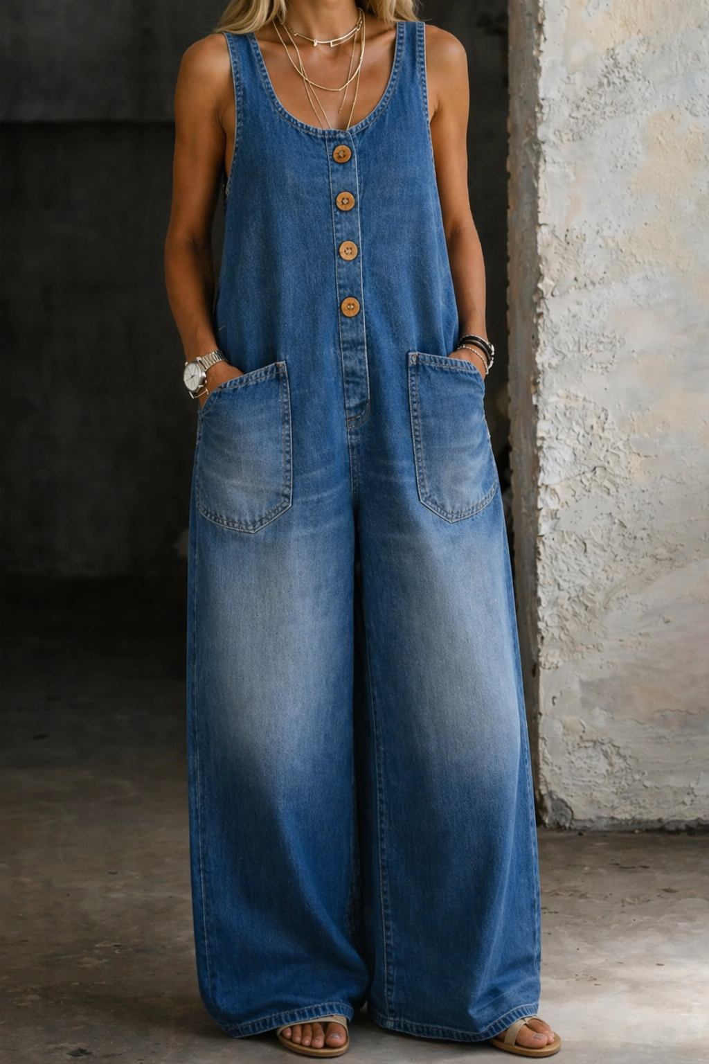 Women's Vintage Washed Denim Overalls | Stylish Casual Sleeveless Fit with Pockets 0